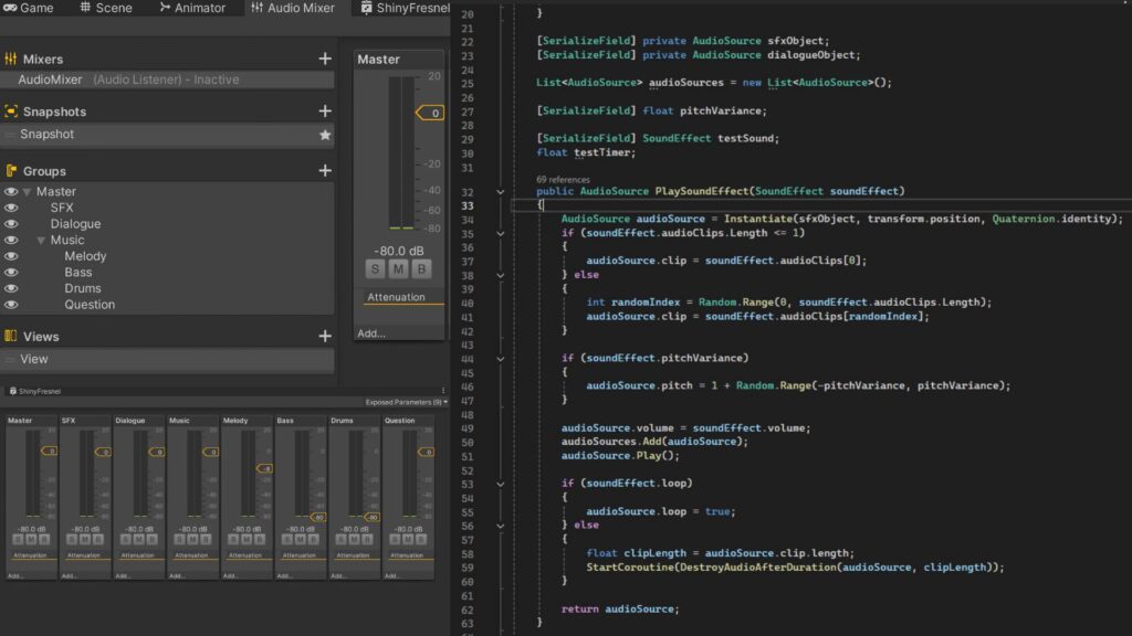 The game's sound system I designed. Music tracks were split by instrument to allow for dynamic variations of music during different parts of gameplay.