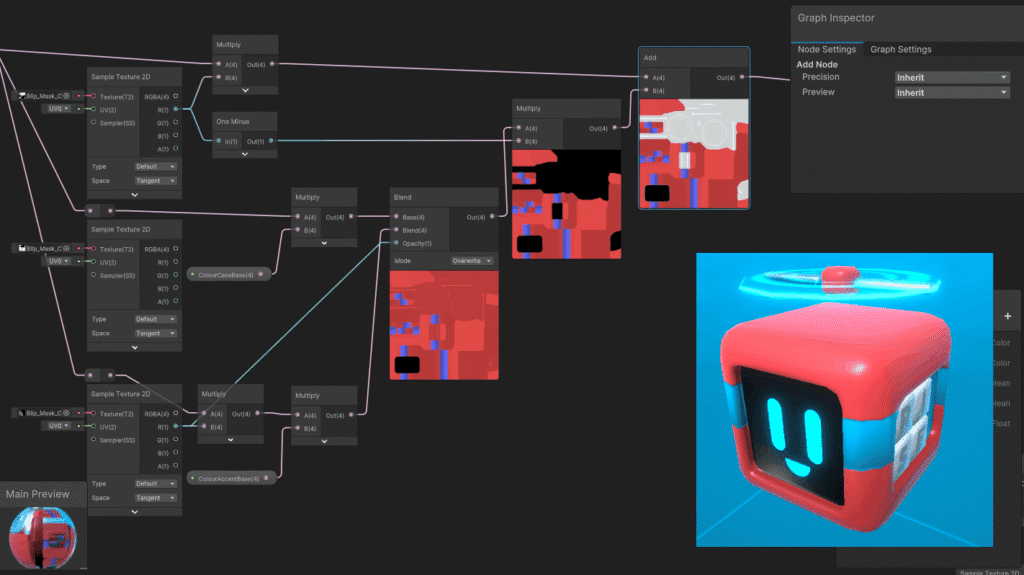The shader I designed for Blip. I added parameters for primary and secondary colours as well as face textures, allowing for runtime customization.
