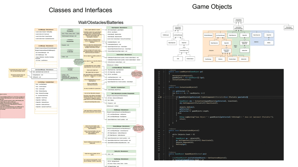 A snippet of pseudocode and in-game code I created for the object pooling and spawning system.