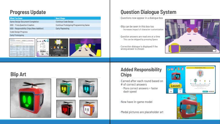 A showcase of slides from different update deliverables I created throughout development.