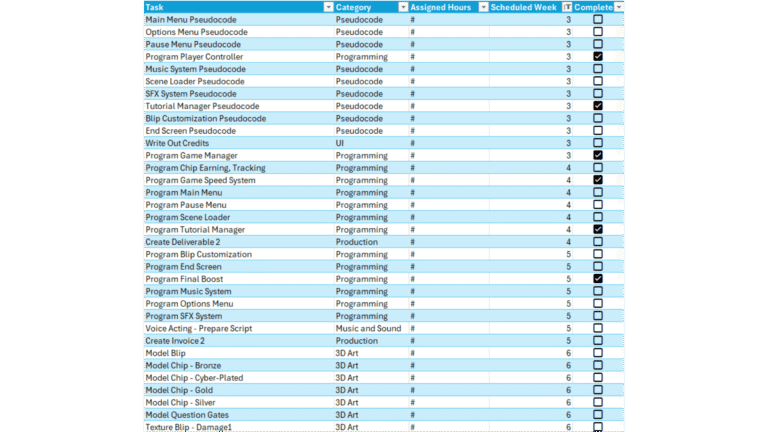 A schedule I designed and used during development to track hours and progress.